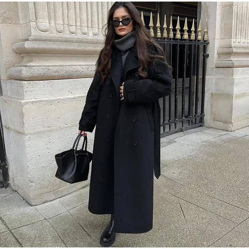 Elegant Grey Belt Long Faux Wo - Wool Coat Peacoat review and price